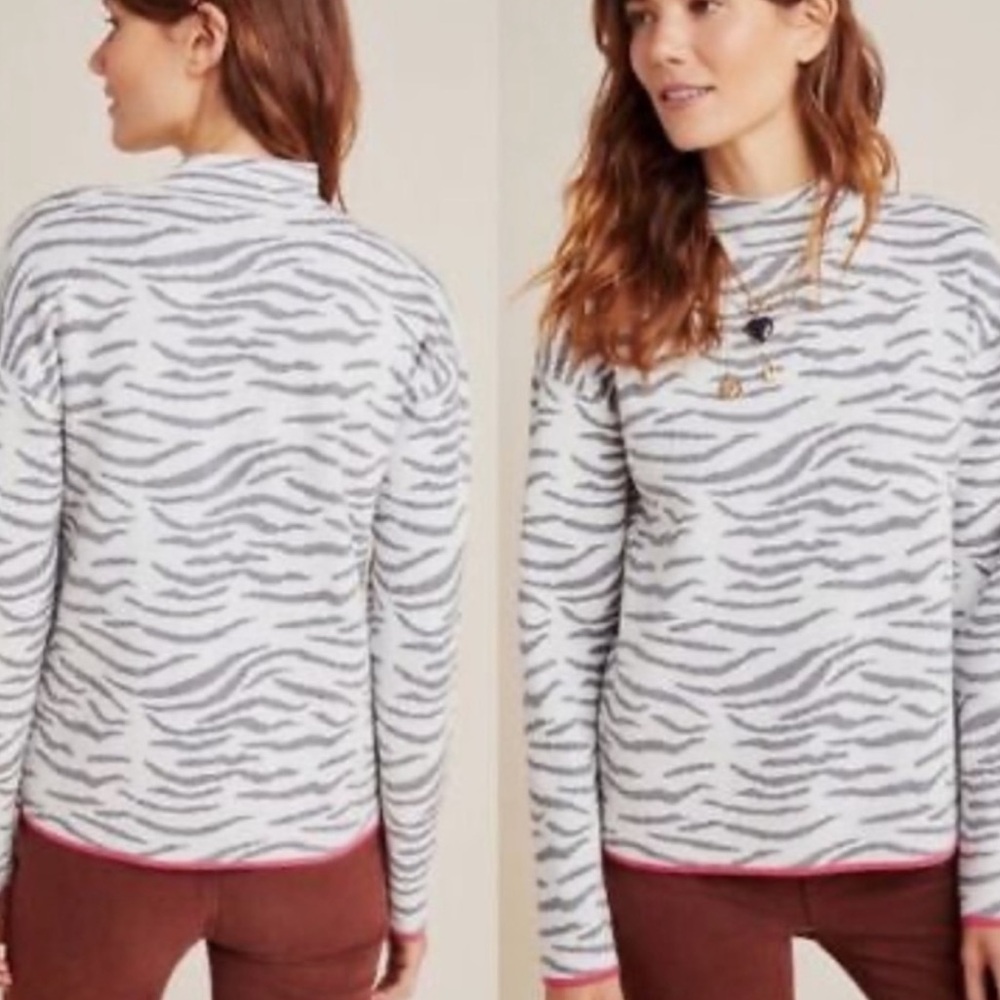 NWT Anthropologie Grey White & Pink Zebra Print Mock Neck Sweater